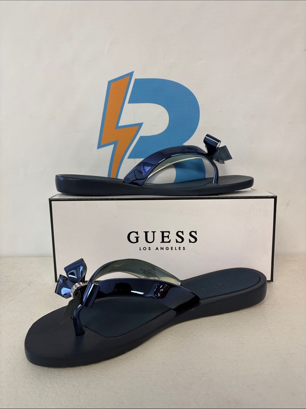 GUESS Navy Blue Patent Bow Thong Sandals